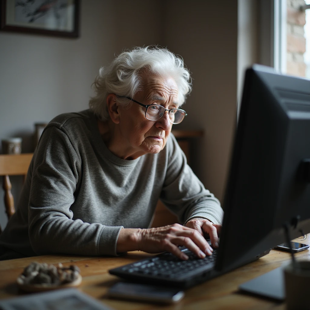 elderly person in front of a computer, trembling hands on the keyboard, expression of frustration and confusion, simple home environment, natural light, hyperrealistic 4K details emoji