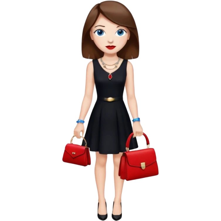 chica labios rojos ojos azules pecas pelo marron collar pulsera vestido negro tacones y un bolso rojo emoji
