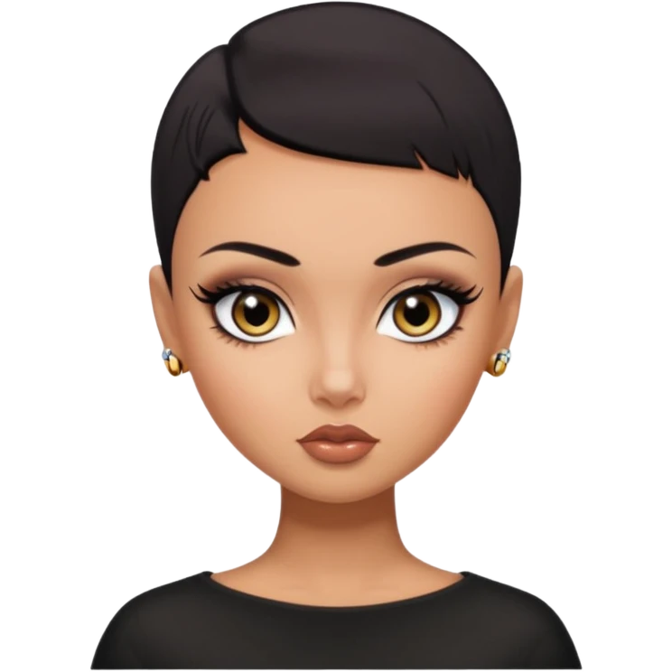 russian features, dark black dark black  buzz cat, beauty,  hair, tan skin,  eyes, pretty eyes, black eyeliner, pretty bratz baddie emoji