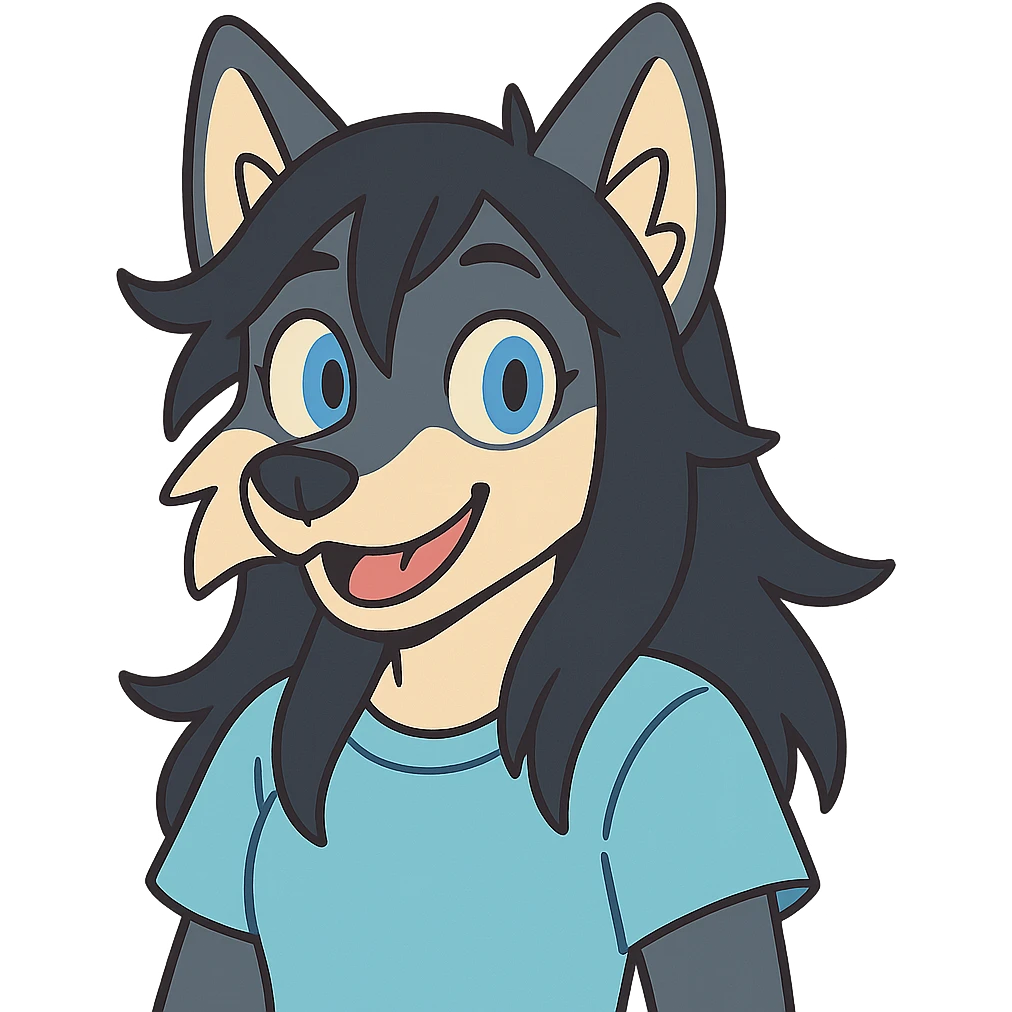 anime style wolf furry character with blue eyes, long black hair, wearing a light blue shirt emoji