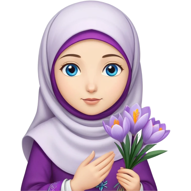 Turkish beautiful finish Konya girl blue eyes with crocus flower hijab and islamic dress and hold crocus flower on hand  emoji