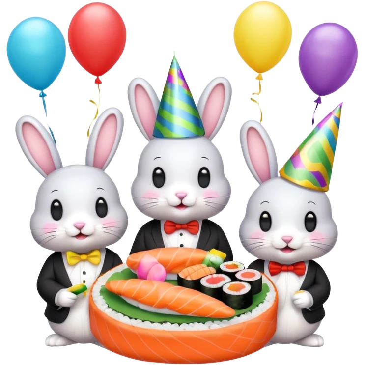 four bunnies together eating sushi at a birthday party, vibrant, balloons, streamers, alternate layout, emoji style emoji