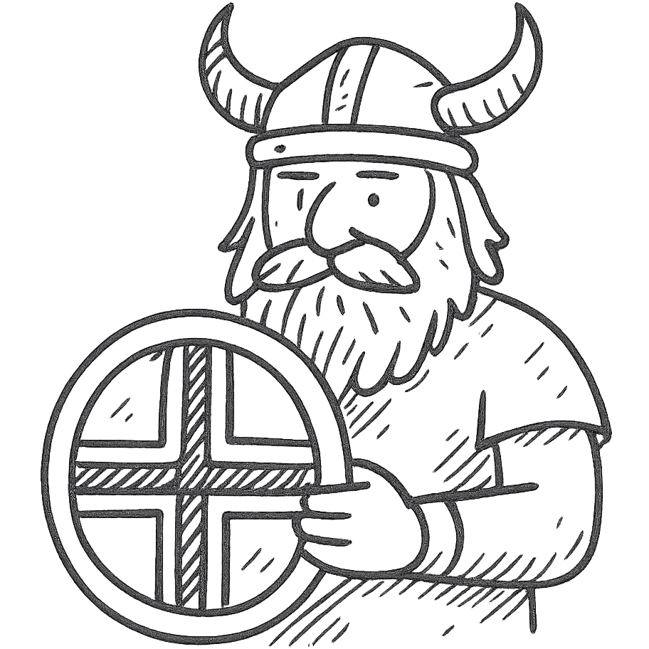 Norwegian Viking with red beard and helmet with horns. Holds a round shield with Norwegian pattern emoji