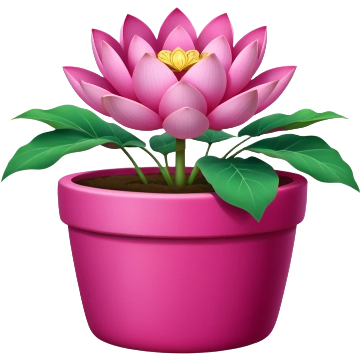 Decorative fuchsia-colored flower pot with a lotus flower plant; the pot is shallow emoji