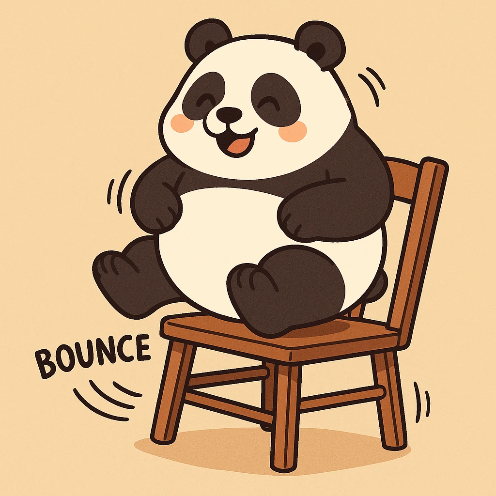 large panda bouncing on dining chair to test strength, cartoon style, simple background, fun and lighthearted emoji