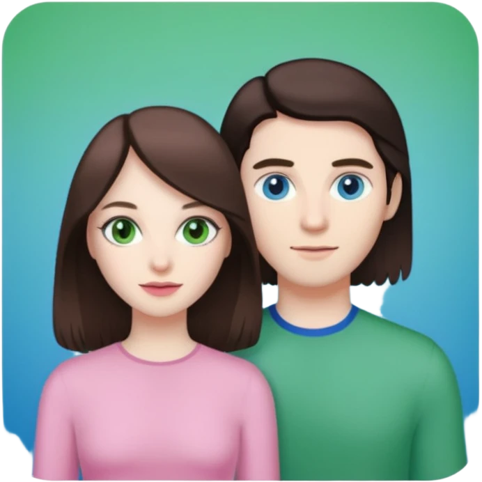 pink polaroid photo of a couple thats white with long brunette hair blue eyes and a white guy with short brunette hair and green eyes emoji