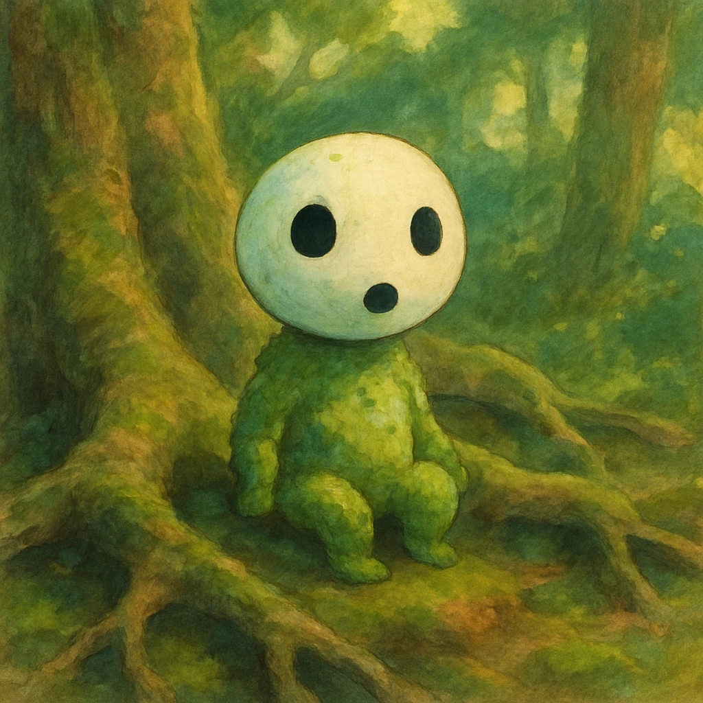 A tiny tree spirit with a round, white face and rattling head similar to kodama, sitting amongst ancient roots with soft moss growing on its body, painted in a whimsical style with dappled forest light emoji