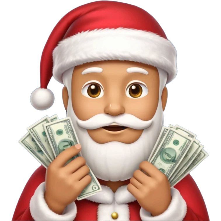 A confident rich emoji face wearing a Santa hat, money stacks, casino vibe, New Year theme, premium 3D emoji style, sharp details, no text, isolated on transparent background emoji