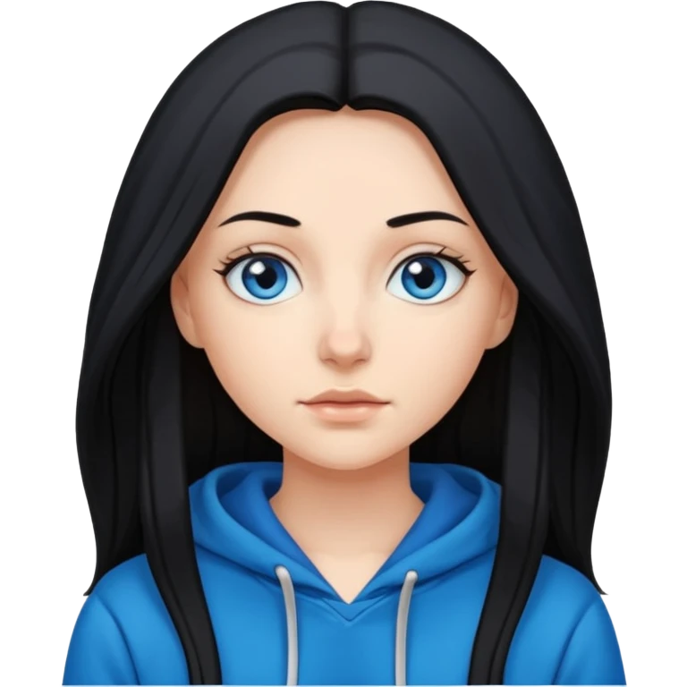 White girl with long black hair and blue eyes in a hoodie emoji