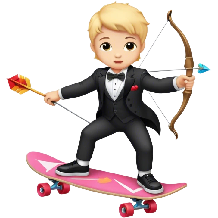 Cupid wearing a tuxedo, shooting a bow and arrow while riding on a skateboard emoji
