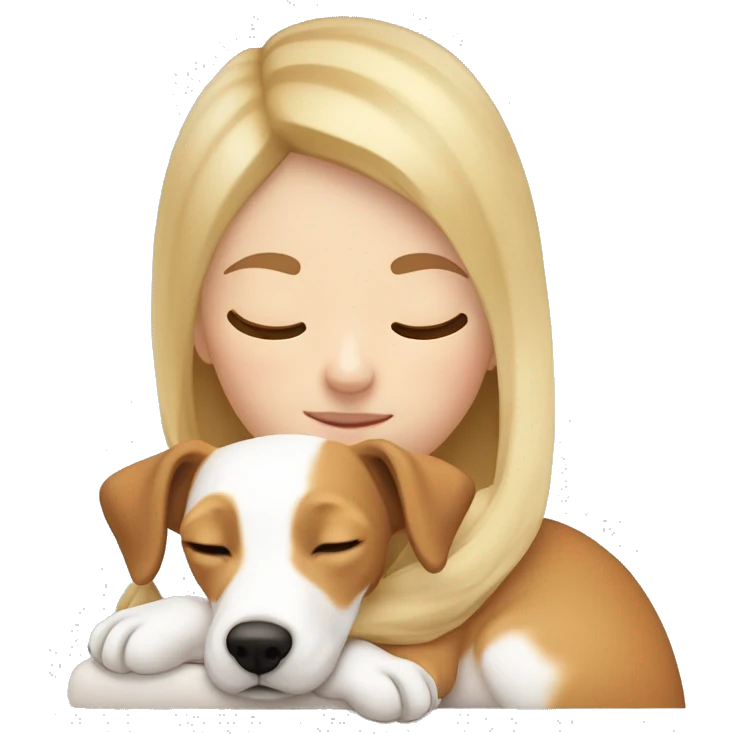 White blonde girl who sleeping in cuddle with her jack russel who have the face full ligh brown / light orange  emoji