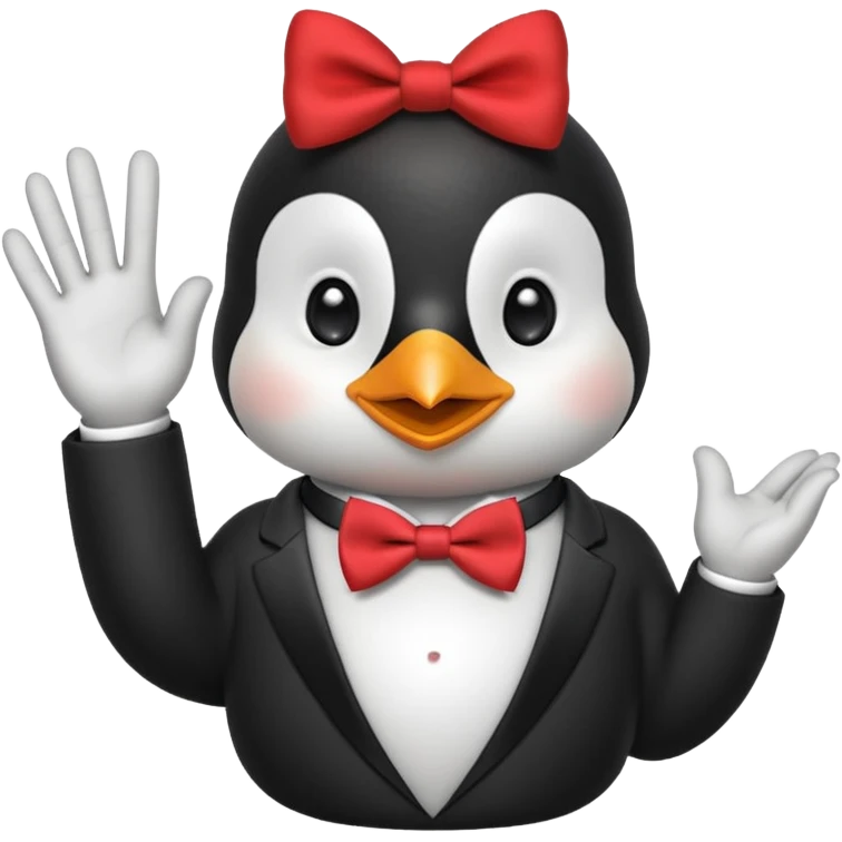 Un pinguino con una pajarita roja haciendo el gesto con la mano abierta de cumplir una promesa emoji