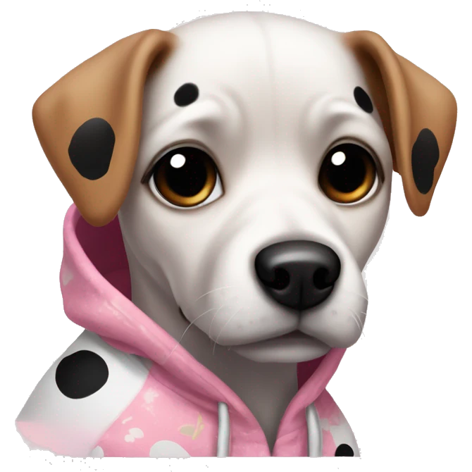  small dog with a white coat and black spots around its eyes. The dog has a small face with expressive, dark eyes and floppy ears, and it's wearing a pink hoodie with a floral pattern.  emoji
