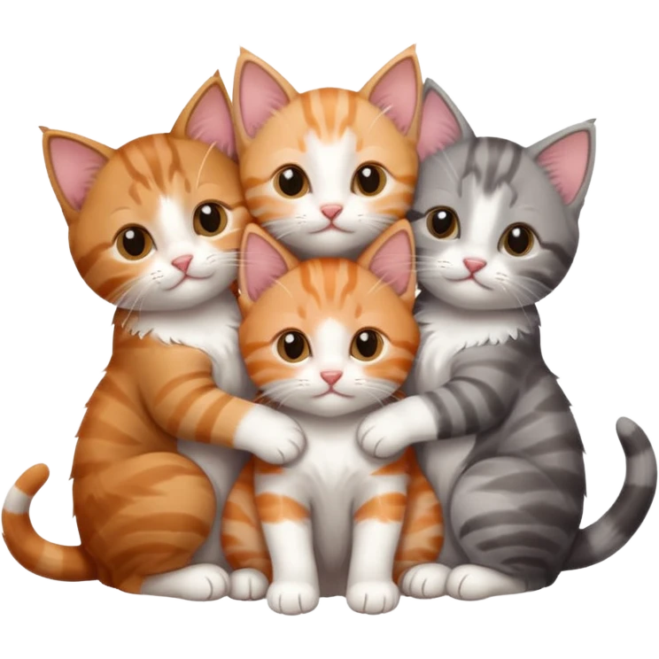 3 kittens cuddling together all different colours, the first one is grey and white, the second is ginger and white and the third is brown tabby and white emoji