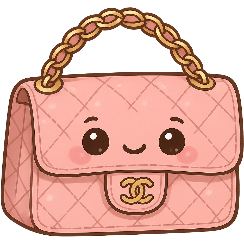 pink Chanel purse with a cute face, cute and exaggerated, chibi stickers style emoji