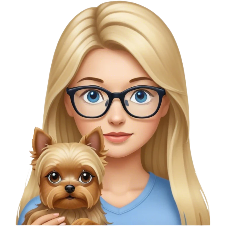Blonde balayage long hair women with blue eyes wearing glasses holding a Yorkshire terrier  emoji