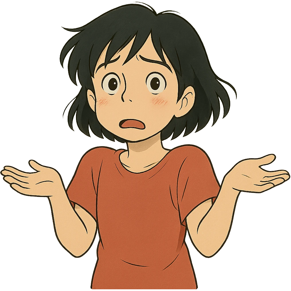 ghibli style confused black-haired girl, expressive 'I don't know what I want to do' face emoji