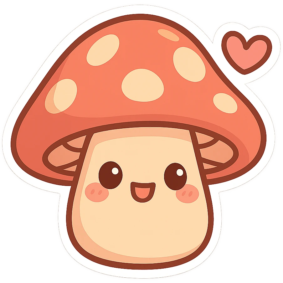chibi sticker-style mushroom with a heart accent, cute and exaggerated emoji