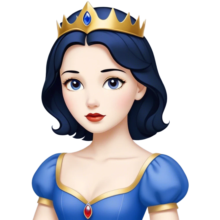 Cinematic Timeless Snow White Portrait Emoji, rendered in a clean, vector style. Depict Snow White with flawless porcelain skin, elegantly styled raven hair, and a serene, graceful expression, dressed in her classic blue and gold ensemble. The design features bold, simplified shapes, a soft, enchanting glow, and a subtle glowing outline, epitomizing pure, timeless beauty. emoji