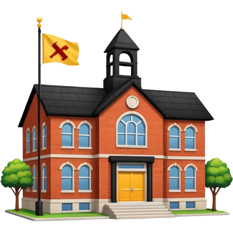magic school, with a flag, flag on a roof, yellow flag, white school emoji