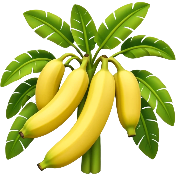 A 3D cartoon banana plant with large green leaves and a bunch of bananas growing downward, natural lighting, Memoji-style. emoji