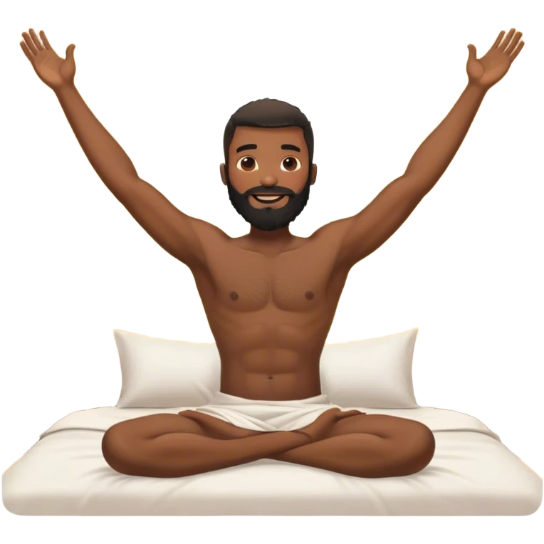 black beard happy shirtless man waking up out of bed stretching arms with sunshine in the back emoji