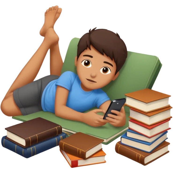 emoji student lying with phone instead of studying, lazy, books, white background, emoji