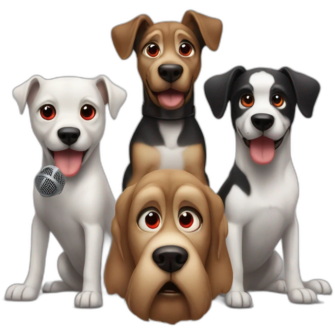 3 scary looking dogs with red eyes. In the middle is drake holding a microphone emoji