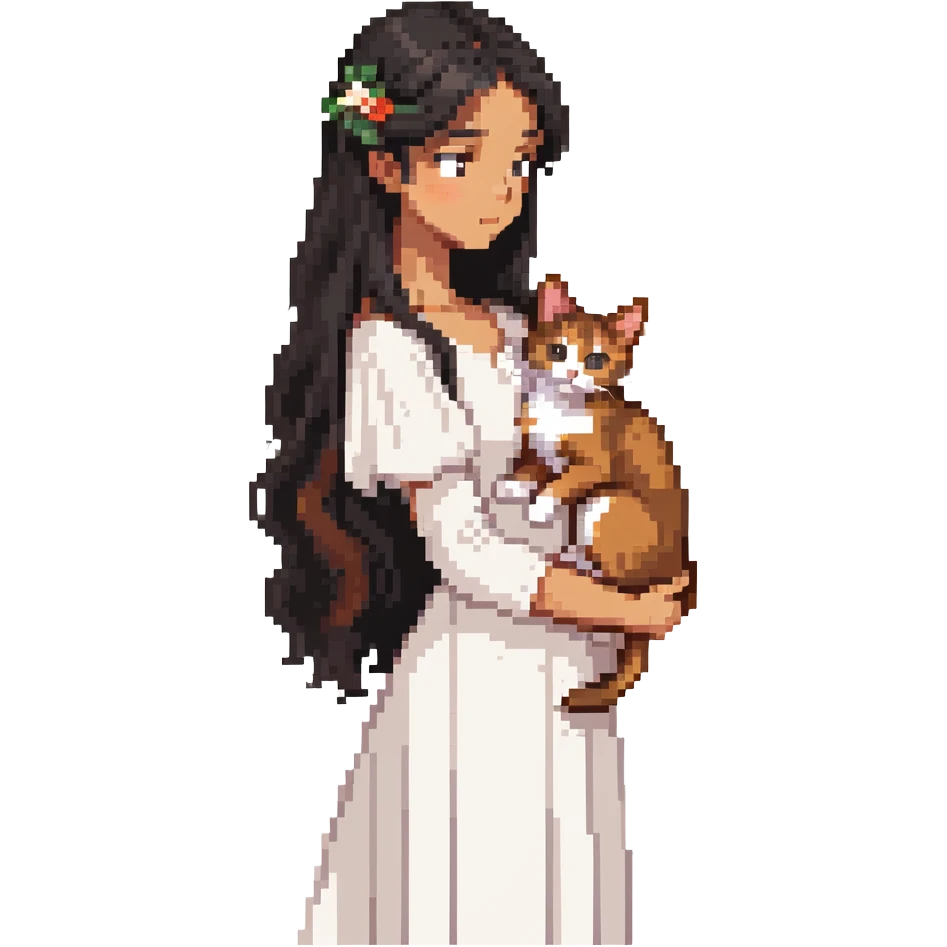 beautiful girl with long black hair wearing a white dress holding an Abyssinian cat with reddish-brown fur in her arms, side view emoji