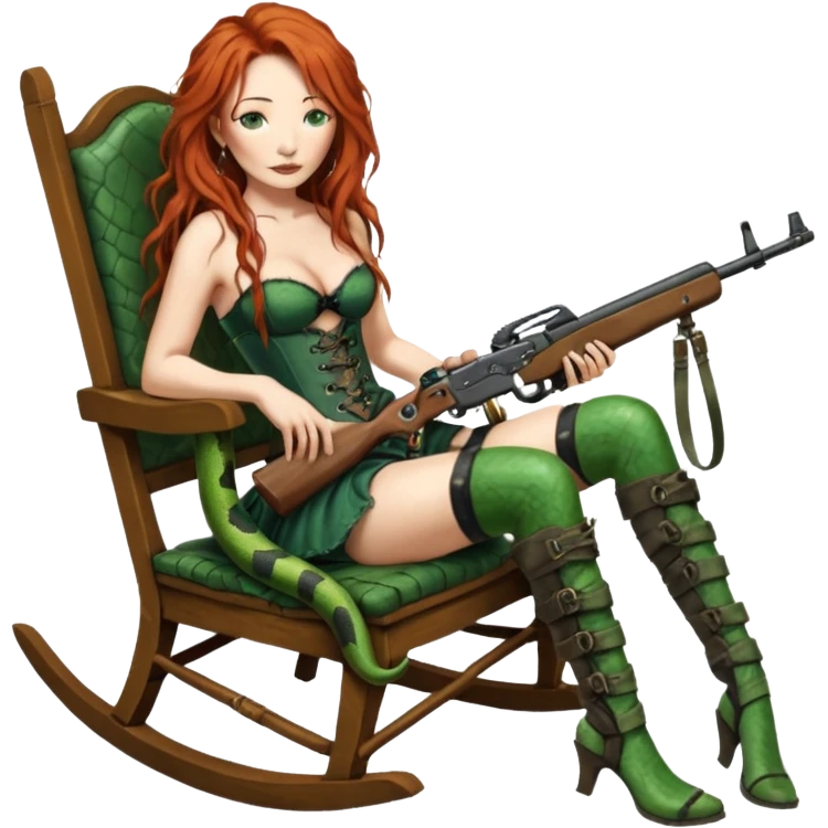 solarpunk ultra HD very old and tired Tori Amos casually crouches on a rocking chair in a torn corset, holding a lintlock double-barreled rifle and with muddy feet. a big snake wrapped itself around the chair emoji