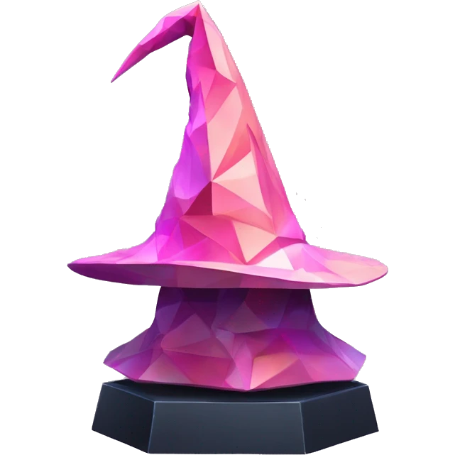standalone sculpture Mage Witch Hat is geometric, faceted design. The sculpture is standing upright on a base with angular and baroque features. The vibrant midtone tints of pastels and pink highlights the sharp edges and planes.  emoji