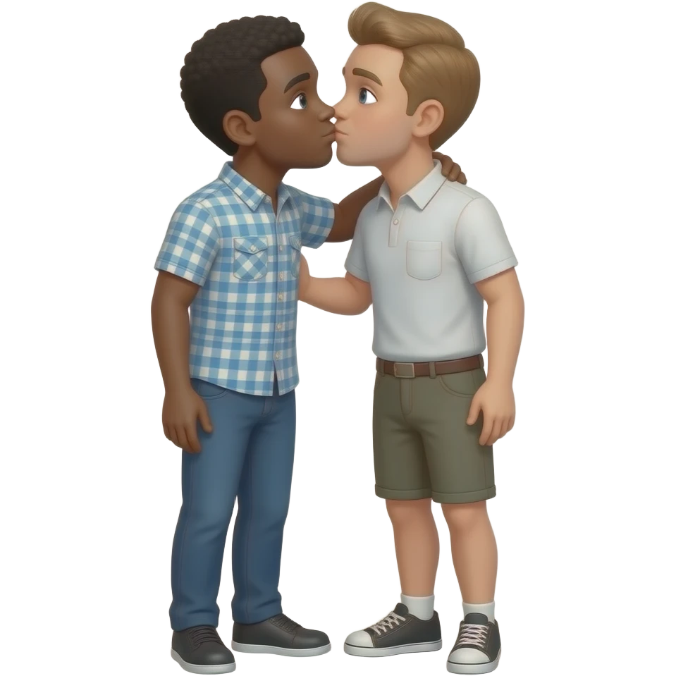 A black guy full body, white guy full body kissing each others lips touching emoji
