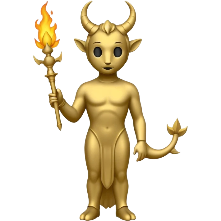 Minimalist emoji-style sticker of a full-body Oscar-like statue in matte gray-gold, with small horns, sharp tail, and faint flames at the base, all in black and muted hues emoji