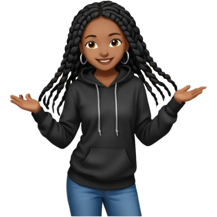 African American girl dark skin with long black box braids wearing plain black hoodie wearing skinny jeans dancing in street emoji
