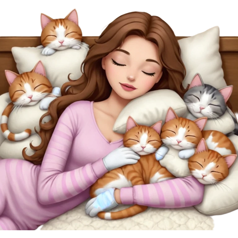 girl with long wavy brown hair, brown eyes, long lashes makeup, sexy pink lips, light to medium complexion,  sleeping on a cozy pillow, with 6 cats: 1 brown and white tabby cat, 1 ginger and white, 2 grey and white, 1 grey with white mittens and small white patch on chest and 1 calico, sleeping emoji