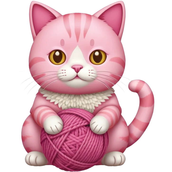 pink cat full body sitting with a wool ball emoji