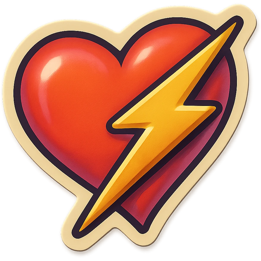 retro sticker style heart with a lightning bolt through it, bold and playful emoji