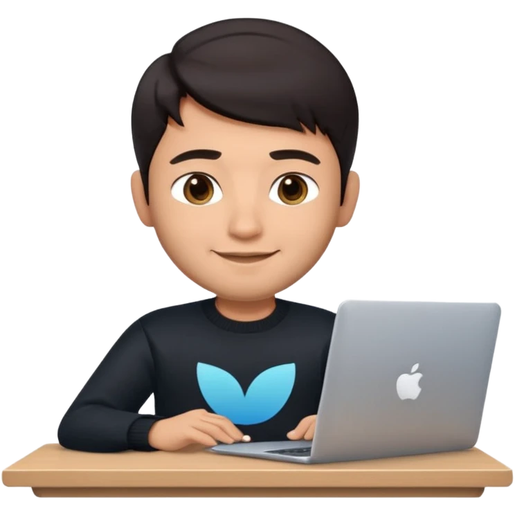 memoji of a man, apple-style, modern, dark hair, black sweater, Indian fair skin, small cute smile, sitting at a desk with a laptop, light blue gradient background emoji