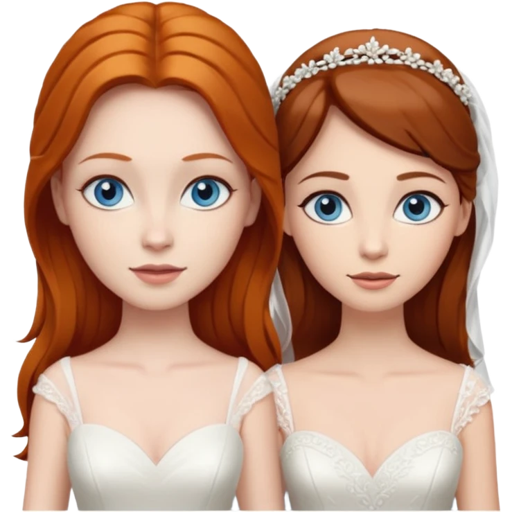 A ginger woman with blue eyes, marrying a taller woman with dark brown hair and hazel eyes, both in wedding dresses. emoji