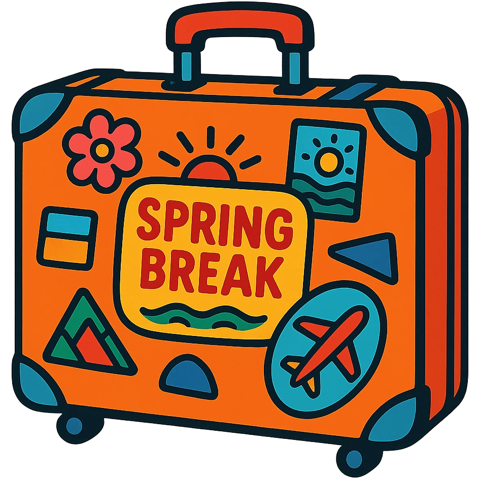 spring break suitcase with travel stickers excitement vibrant colors emoji