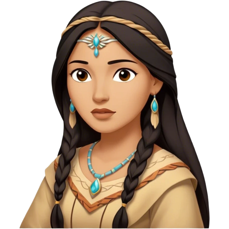 Cinematic Serene Pocahontas Portrait Emoji, rendered in a realistic, simplified vector style. Depict a gentle Pocahontas (chest and above) with warm, glowing skin, loosely flowing dark hair, and a calm, reflective expression, wearing modest traditional attire in earthy hues. The image is bathed in a soft, inviting glow with high shine and a soft glowing outline. emoji