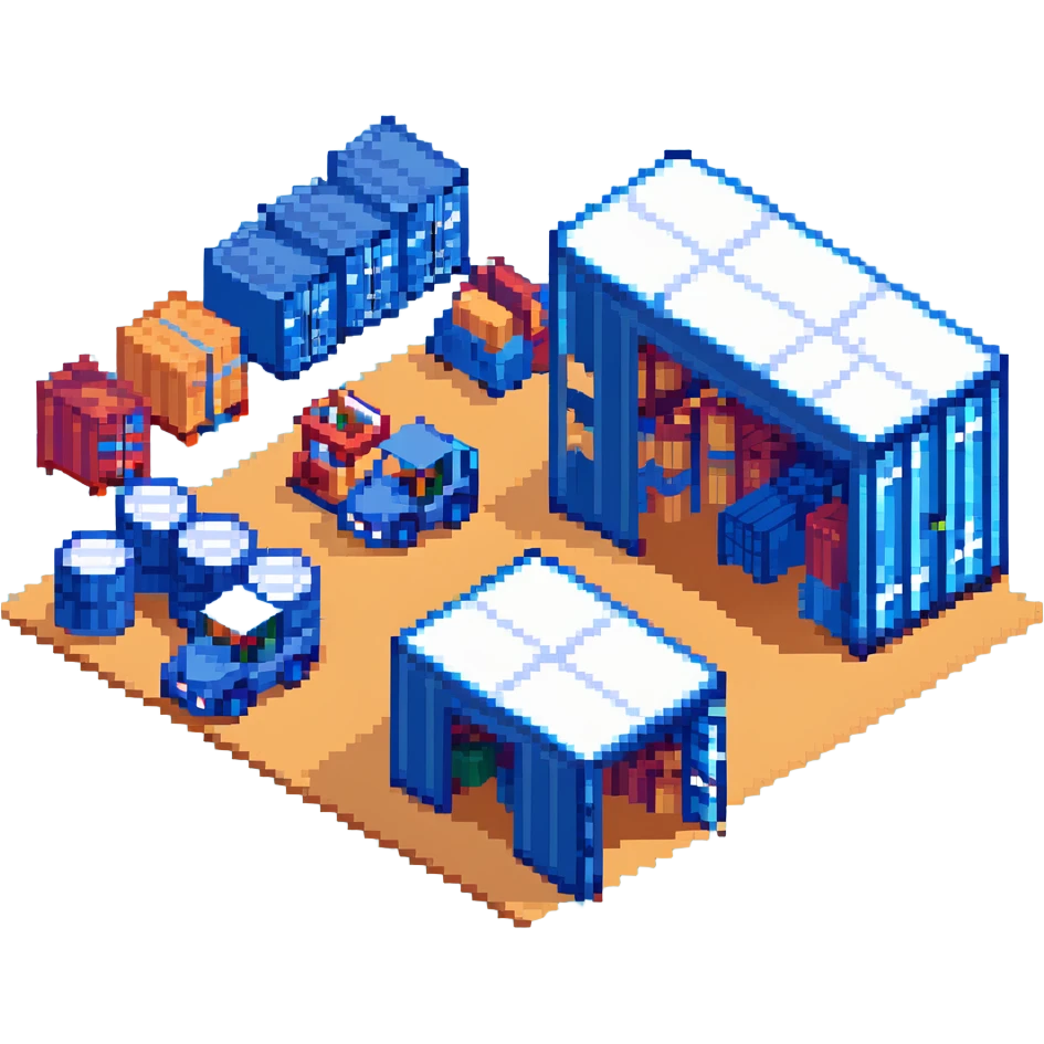 isometric warehouse building with loading dock, shipping containers, and forklift emoji