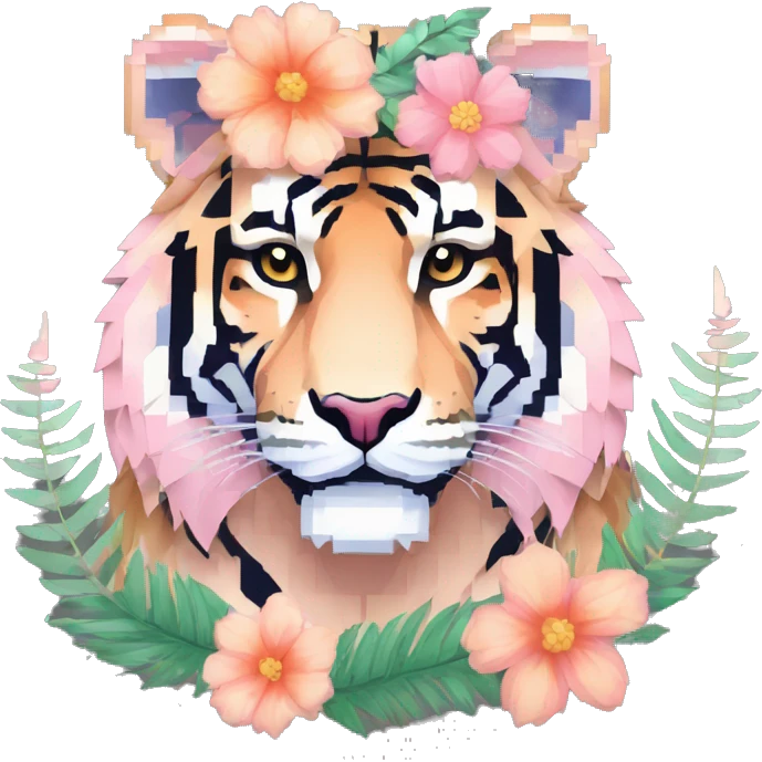 Pixel art of a pixel pink peach beige blue cream pastel pixel tiger pixel lion wearing tropical flowers and leaves, flower crown, floral, pixel emoji