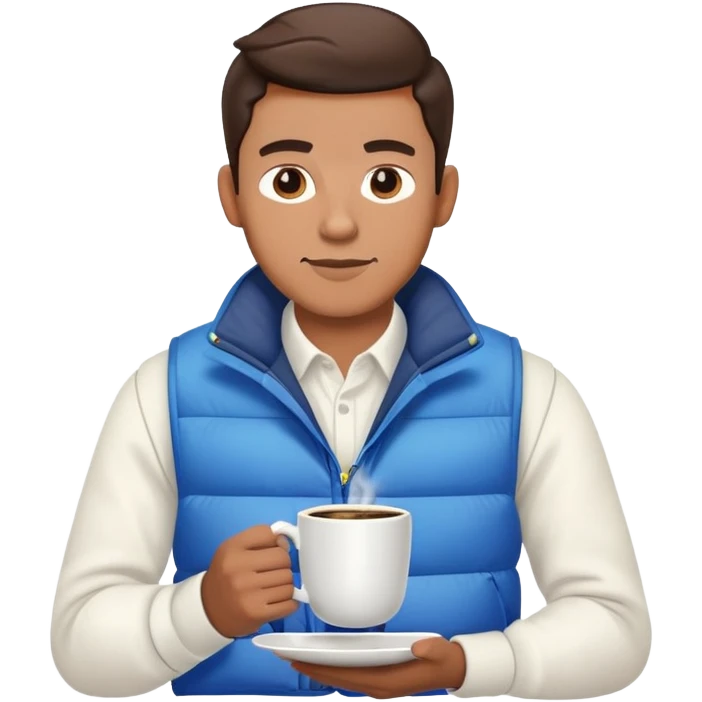 man wearing long sleeve white shirt with blue puffy winter vest holding a cup of coffee in front of him emoji