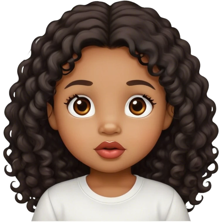 medium brown skin tone, very adorable toddler, with big plump lips, long long lashes, black curly long hair, brown eyes, white shirt emoji
