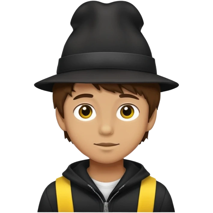 boy with fluffy brown hair wearing a black hat with yellow accents emoji