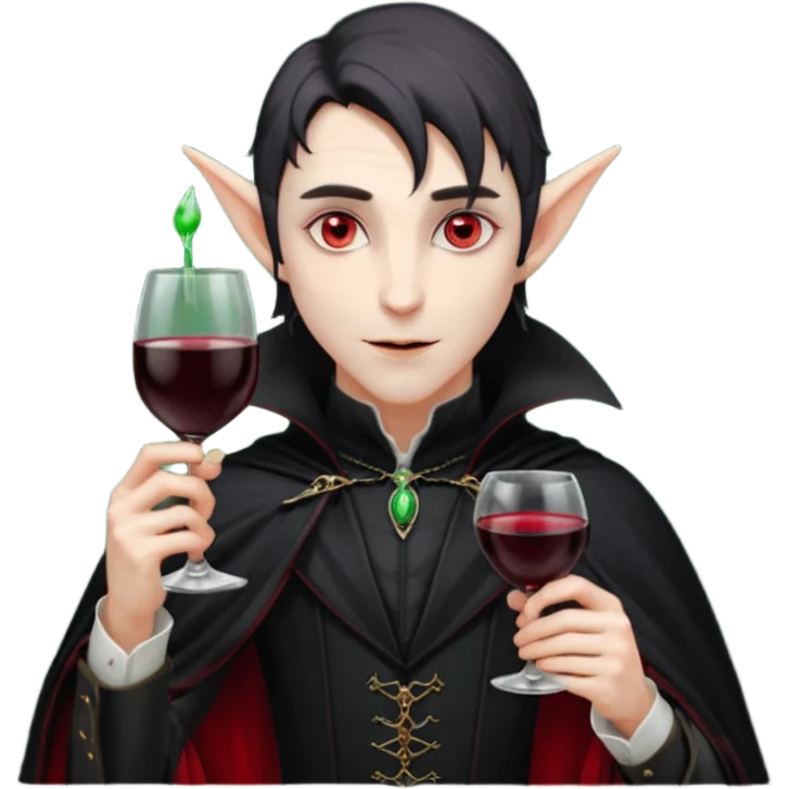 male elf vampire emoji, pale skin, red glowing eyes, long pointed ears, black high-collared cloak with red lining, holding a wine glass filled with red liquid, elegant Halloween fantasy look, smooth Apple emoji style, clean white background, square image emoji