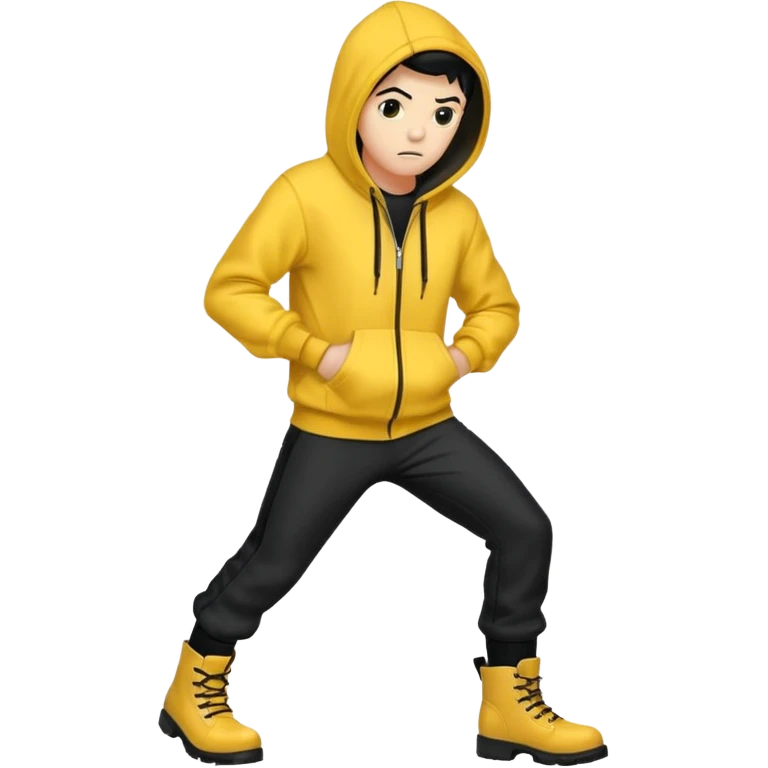 Invincible but whering a yellow hoodie and the mouth covered whering black pants and black boots emoji