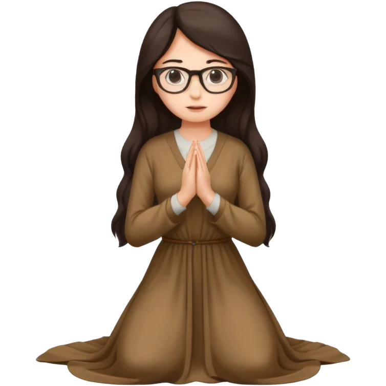 A woman kneeling praying, in a long dress, long dark brown hair, glasses  emoji