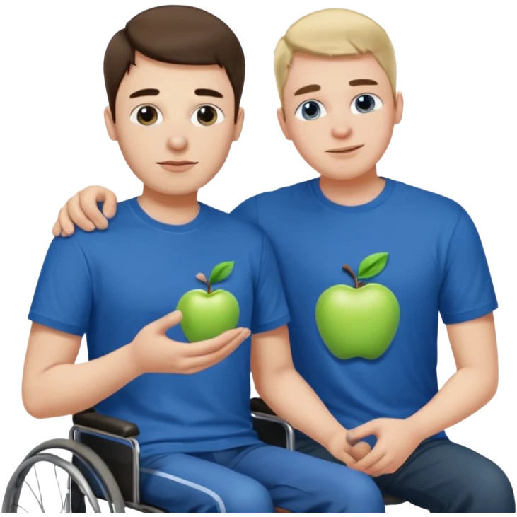 A guy in a blue Apple T-shirt, helping a disabled person who is ugly emoji